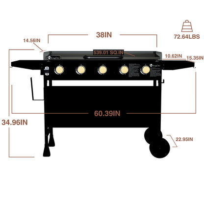 KingChii 5-Burner 38" Propane Griddle with Hard Cover for Camping, Tailgating, BBQ, Parties, Backyard & Patio