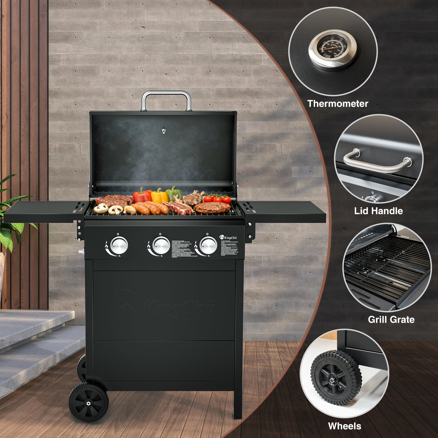 Kingchii 3-Burner Propane Grill, 28,500 BTU BTUs Gas Grill with Foldable Side Tables, Built-in Thermometer for Outdoor Grilling, BBQs and Camping