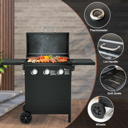 Kingchii 3-Burner Propane Grill, 28,500 BTU BTUs Gas Grill with Foldable Side Tables, Built-in Thermometer for Outdoor Grilling, BBQs and Camping