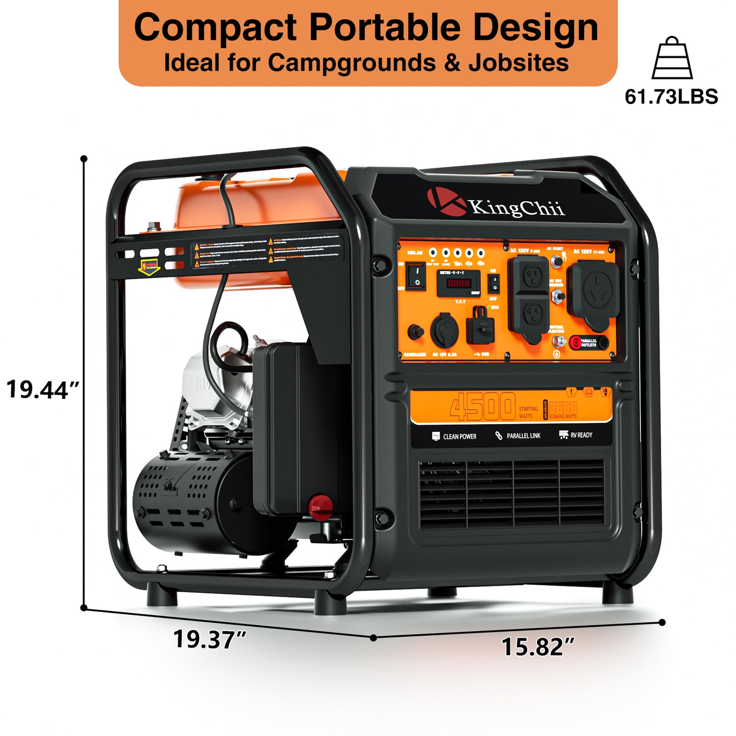 KingChii 4500W Inverter Generator Gas Powered, Open Frame Generator with CO Sensor, Portable Outdoor Power Equipment for Camping, RV & Home Backup, EPA Compliant
