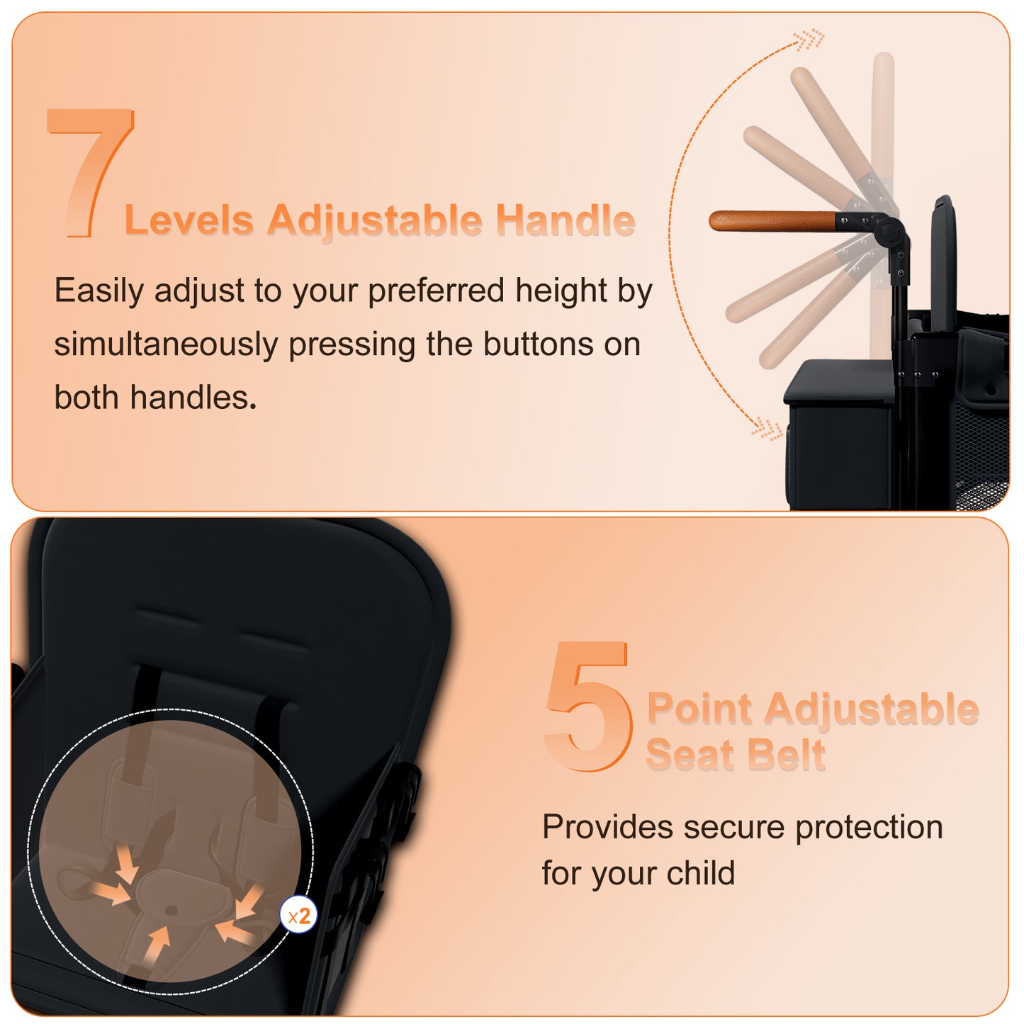 Vipsafe Foldable Wagon Stroller for 2 Kids, Multifunctional Wagon with Detachable Canopy, Adjustable Handlebars, Removable Seats, and Easy Storage