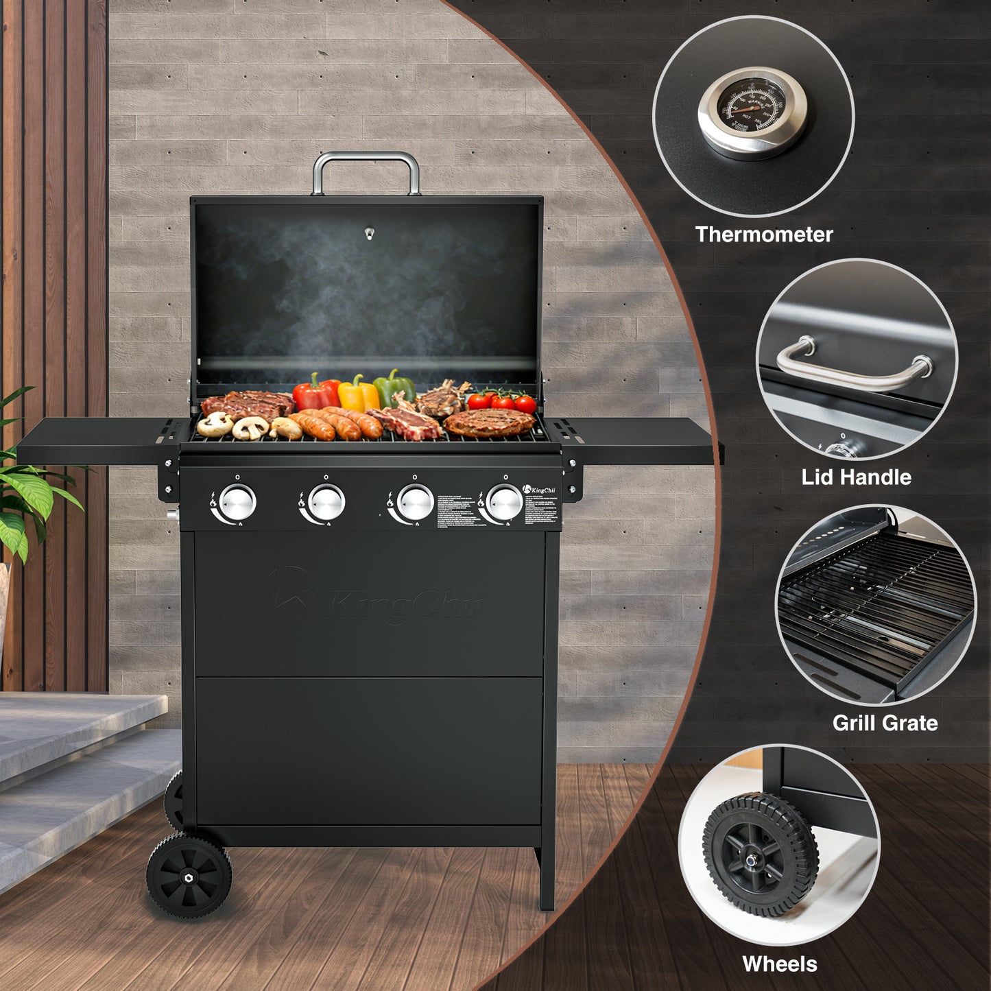 4-Burner Propane Grill Smoker, Kingchii 38,000 BTUs Gas Grill with Foldable Side Tables, Built-in Thermometer for Outdoor Grilling, BBQs and Camping