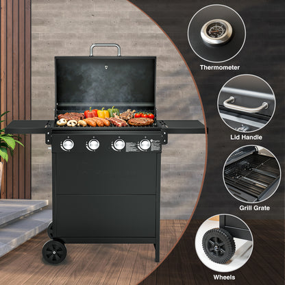 4-Burner Propane Grill Smoker, Kingchii 38,000 BTUs Gas Grill with Foldable Side Tables, Built-in Thermometer for Outdoor Grilling, BBQs and Camping