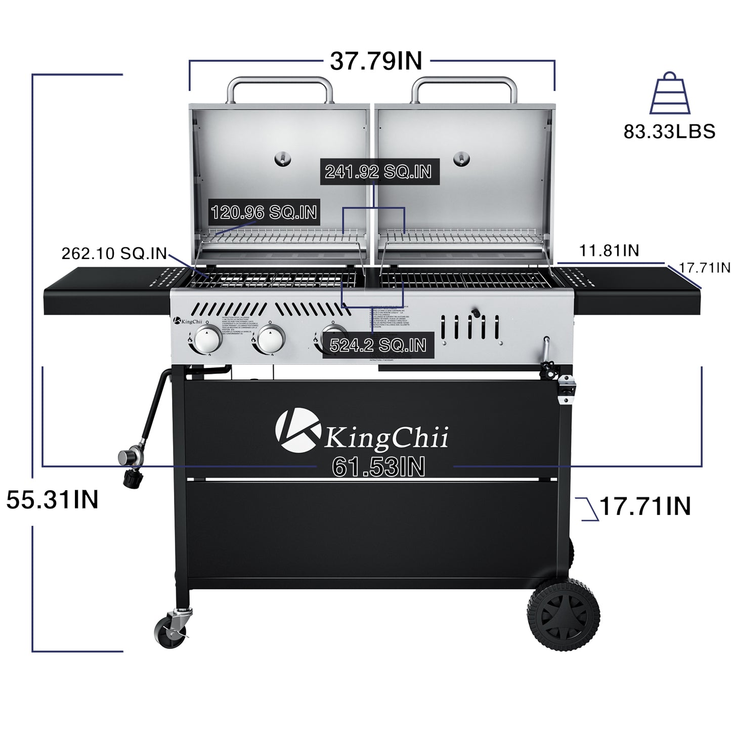 KingChii 3-Burner Gas and Charcoal Grill Combo with 22,500 BTU, Dual Fuel BBQ Smoker for Outdoor Patio Cooking Barbecue