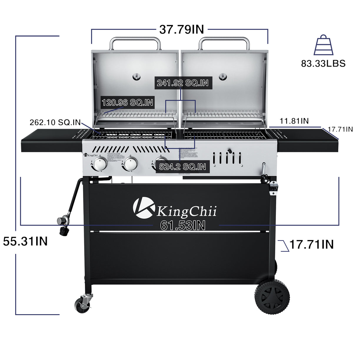 KingChii 3-Burner Gas and Charcoal Grill Combo with 22,500 BTU, Dual Fuel BBQ Smoker for Outdoor Patio Cooking Barbecue