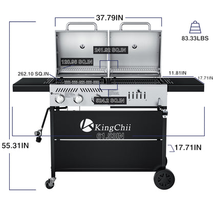 KingChii 3-Burner Gas and Charcoal Grill Combo with 22,500 BTU, Dual Fuel BBQ Smoker for Outdoor Patio Cooking Barbecue