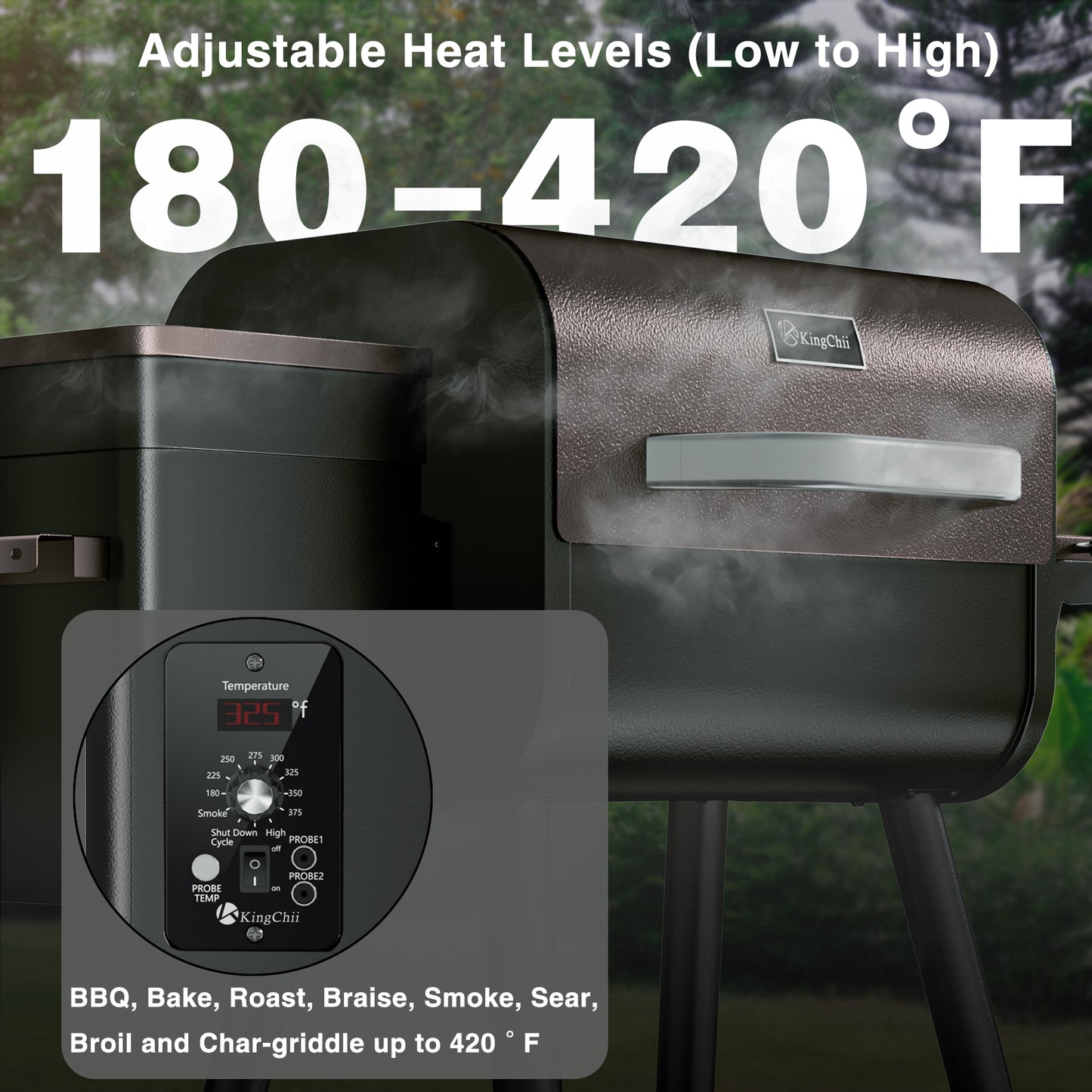 KingChii Pellet Grill Smoker with Side Shelf, 456 SQ. IN Wood Pellet Grill with 180–420°F PID Temperature Control for Outdoor Cooking, BBQ, Camping and Patio, Brown