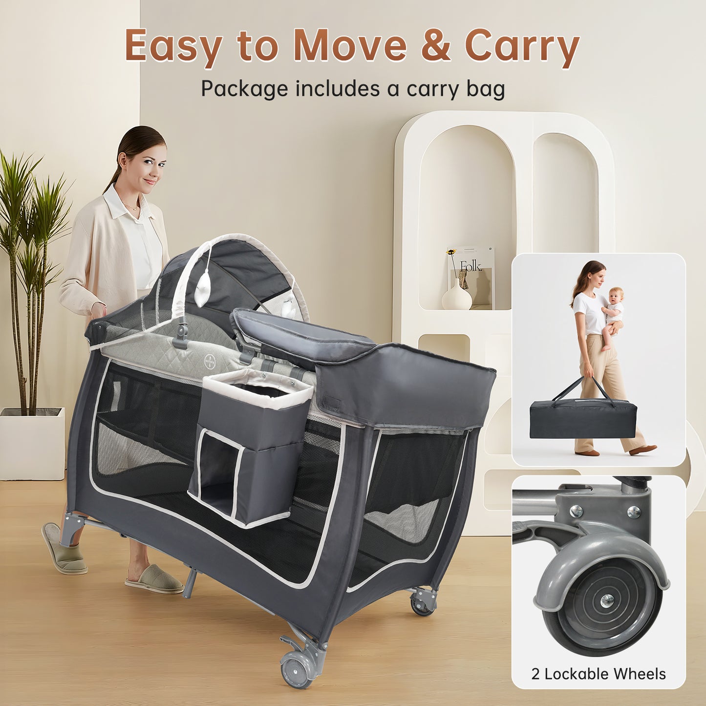 Vipsafe 5-in-1 Unisex Portable Baby Playard with Wheels Canopy Changing Table & Storage Bag, Grey