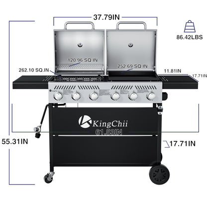 KingChii Propane Gas Grill and Griddle Combo, 2 in 1 Dual Outdoor BBQ with 45,000 BTU for Outdoor Patio Cooking Barbecue