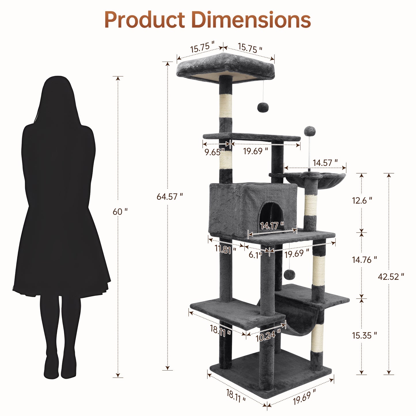 Vipsafe 63.8 in Cat Tree Tower with 6 Tiers, Scratch Posts, Toys, Perfect for Active Cats, Dark Gray