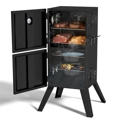 Kingchii Vertical Charcoal Smoker BBQ Grill with Built-in Thermometer, Portable Smoker for Backyard, Camping, Barbecue, and Outdoor Grilling