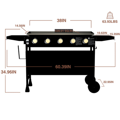 KingChii 5-Burner 38" Propane Griddle for Camping, Tailgating, BBQ, Backyard & Patio