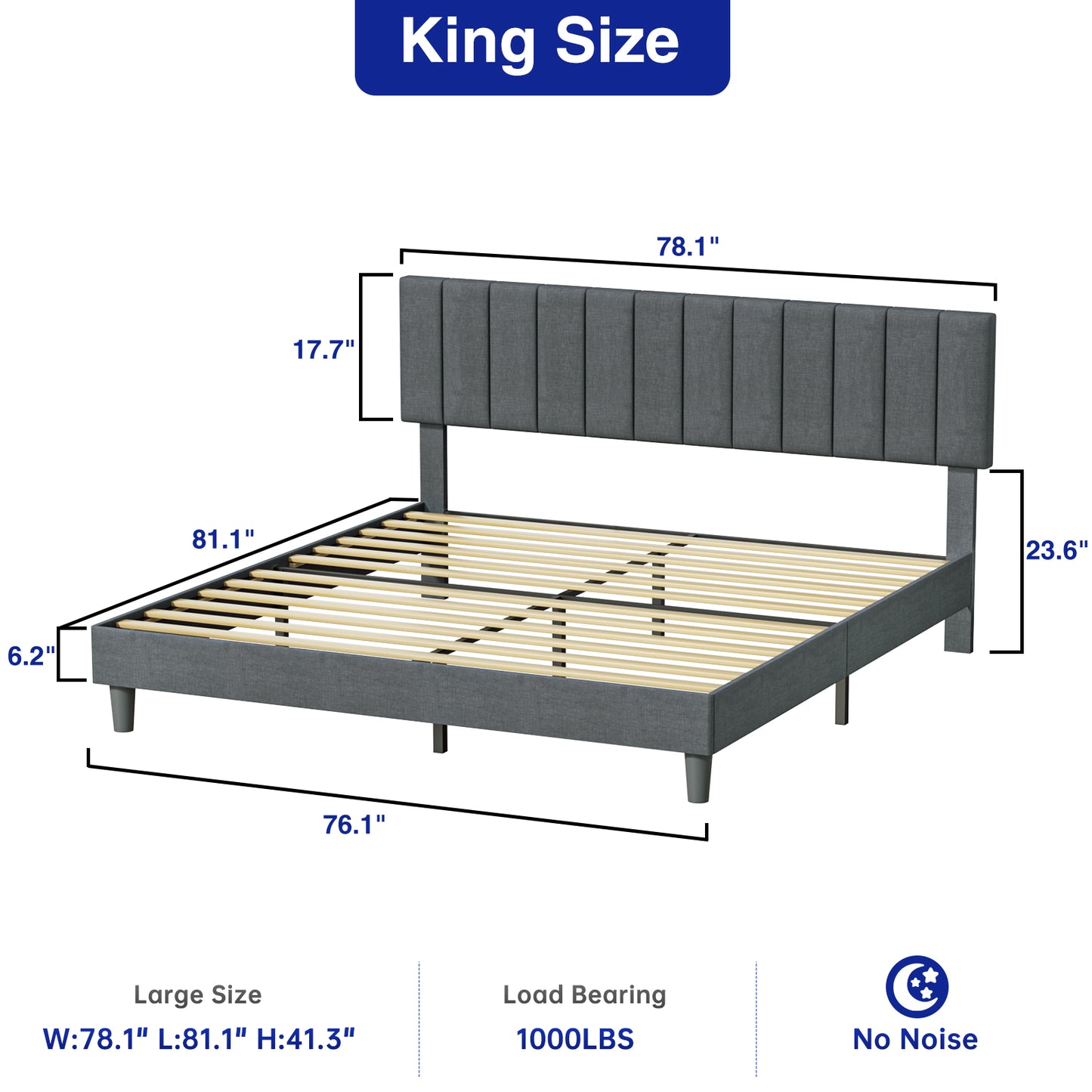 BabyQueen Upholstered King Bed Frame with Headboard, Gray Fabric King Size Platform Bed Frame with Wood Slat Support for Bedroom, Mattress Foundation for Adults, No Box Spring Needed