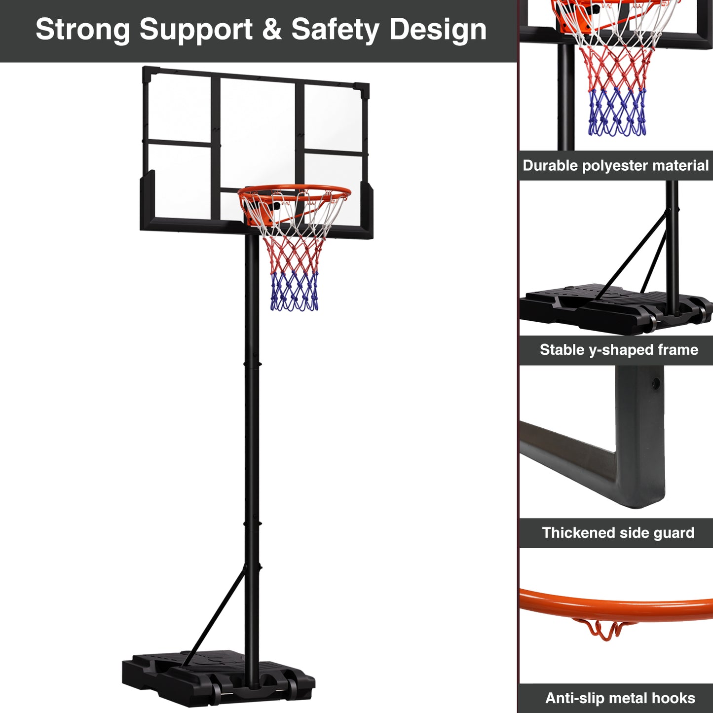 VIPSAFE Basketball Hoop System with 44" Backboard, Height Adjustable 4.8-9.7 FT, Fillable Base for Kids Youth and Adults in Backyard/Driveway/Indoor