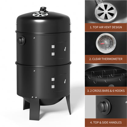 KingChii 3 in 1 Vertical Charcoal Smoker Grill BBQ Smoker for Outdoor, Patio Backyard Camping, Black