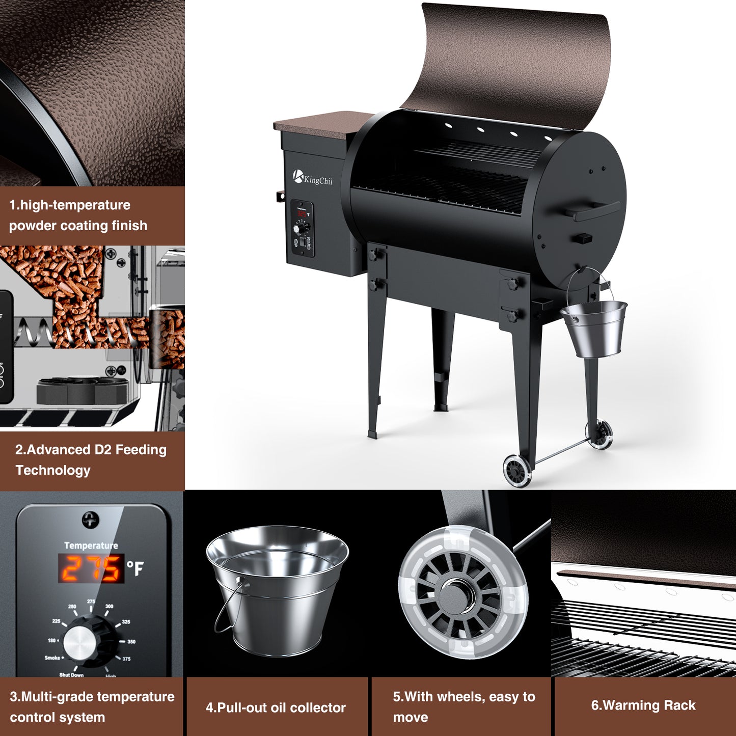KingChii 456 sq. in Wood Pellet Smoker & Grill BBQ with Auto Temperature Control, Folding Legs for Outdoor Patio RV, Bronze