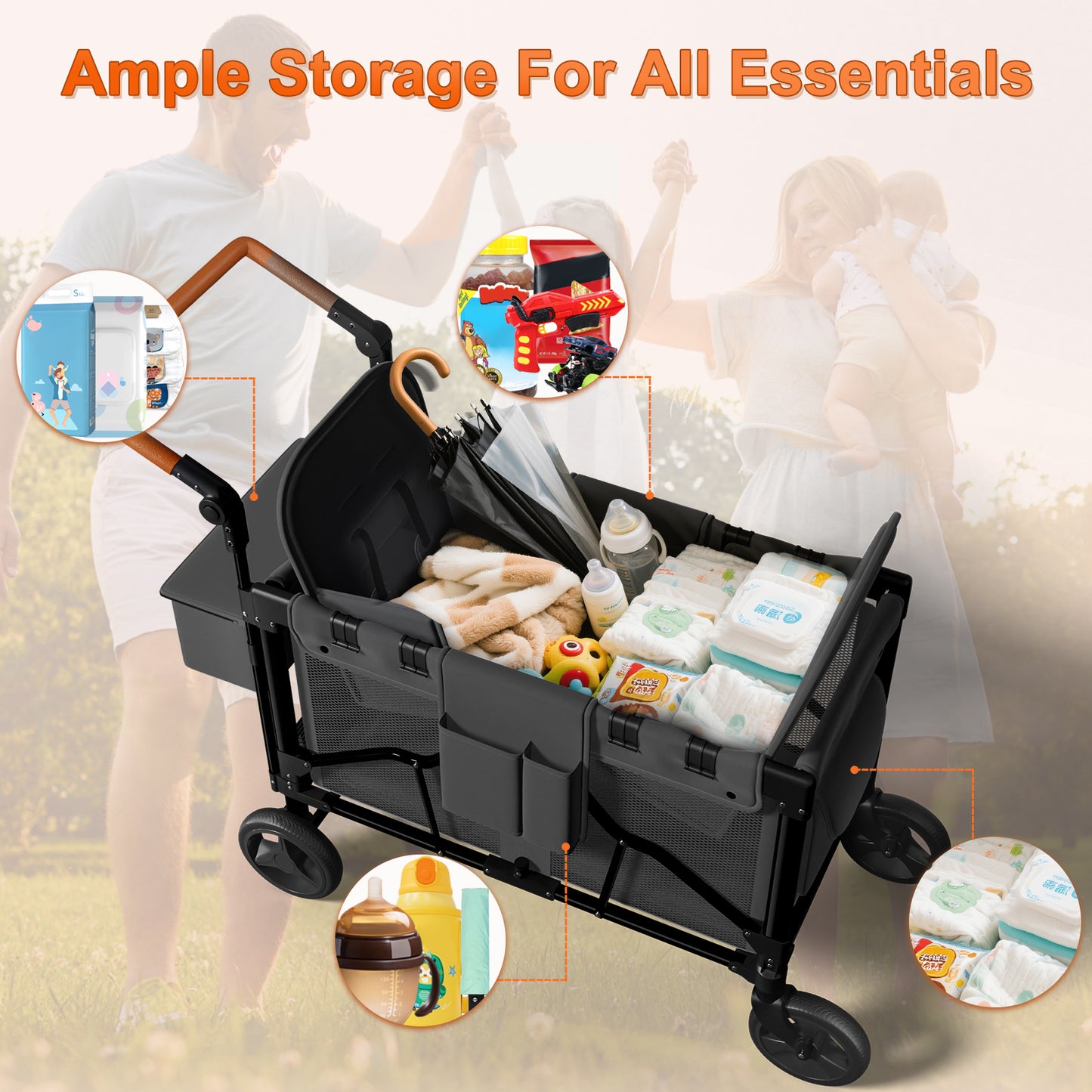 Vipsafe Foldable Wagon Stroller for 2 Kids, Multifunctional Wagon with Detachable Canopy, Adjustable Handlebars, Removable Seats, and Easy Storage