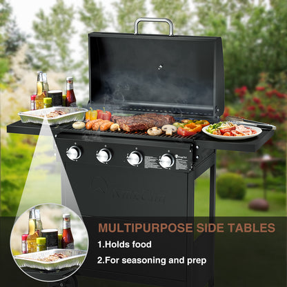 4-Burner Propane Grill Smoker, Kingchii 38,000 BTUs Gas Grill with Foldable Side Tables, Built-in Thermometer for Outdoor Grilling, BBQs and Camping