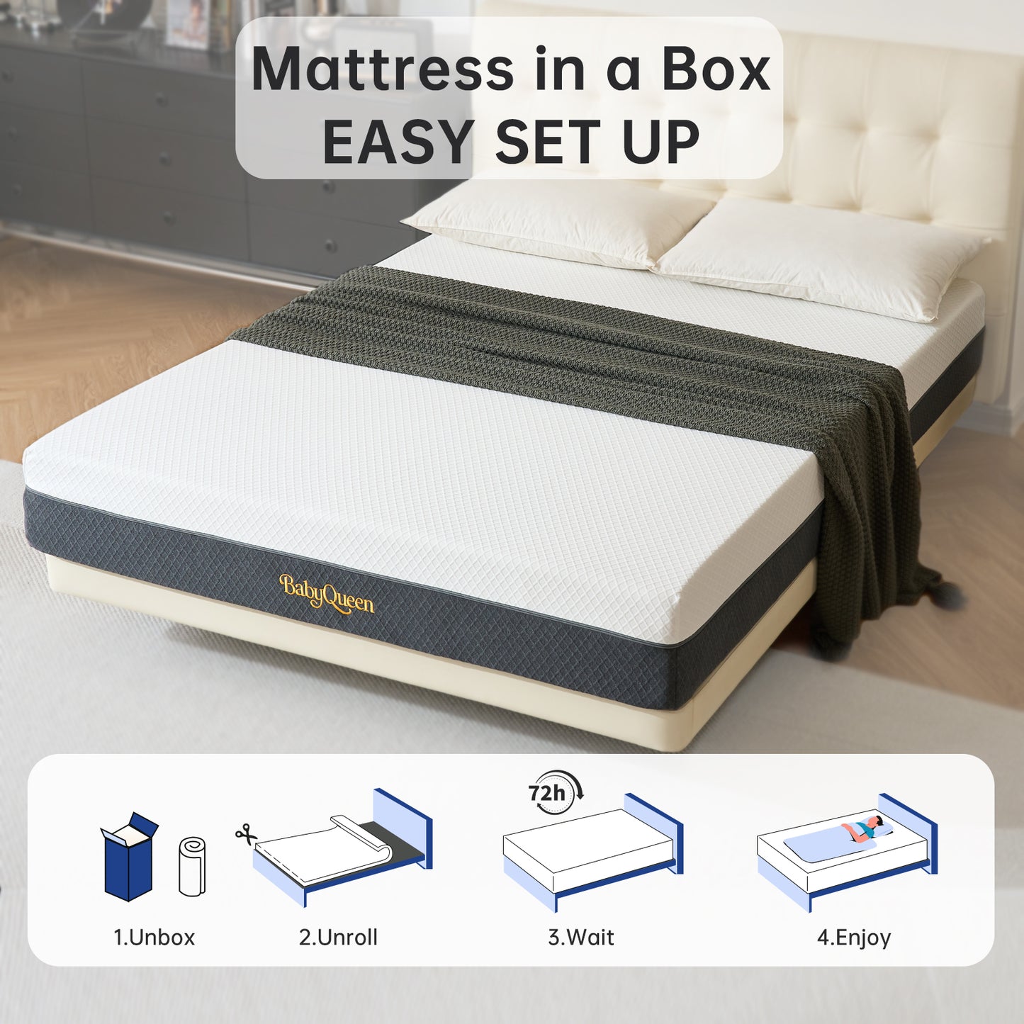 Babyqueen Queen Mattress in a Box 10 Inch Gel Memory Foam Mattress Gueen Size for Cool Night & Pressure Relief, Bedroom Medium Firm Mattresses with Motion Isolating, Breathable Fabric