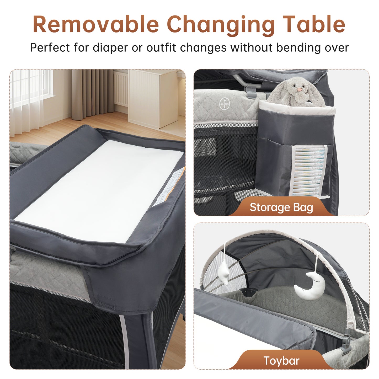 Vipsafe 5-in-1 Unisex Portable Baby Playard with Wheels Canopy Changing Table & Storage Bag, Grey