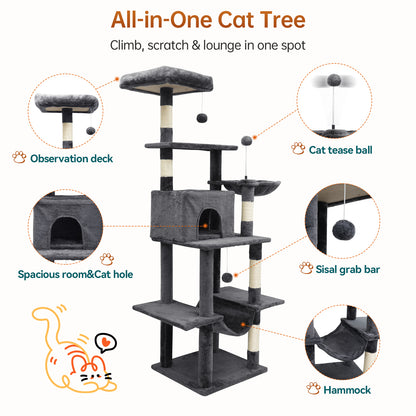 Vipsafe 63.8 in Cat Tree Tower with 6 Tiers, Scratch Posts, Toys, Perfect for Active Cats, Dark Gray