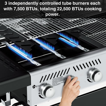 KingChii 3-Burner Gas and Charcoal Grill Combo with 22,500 BTU, Dual Fuel BBQ Smoker for Outdoor Patio Cooking Barbecue