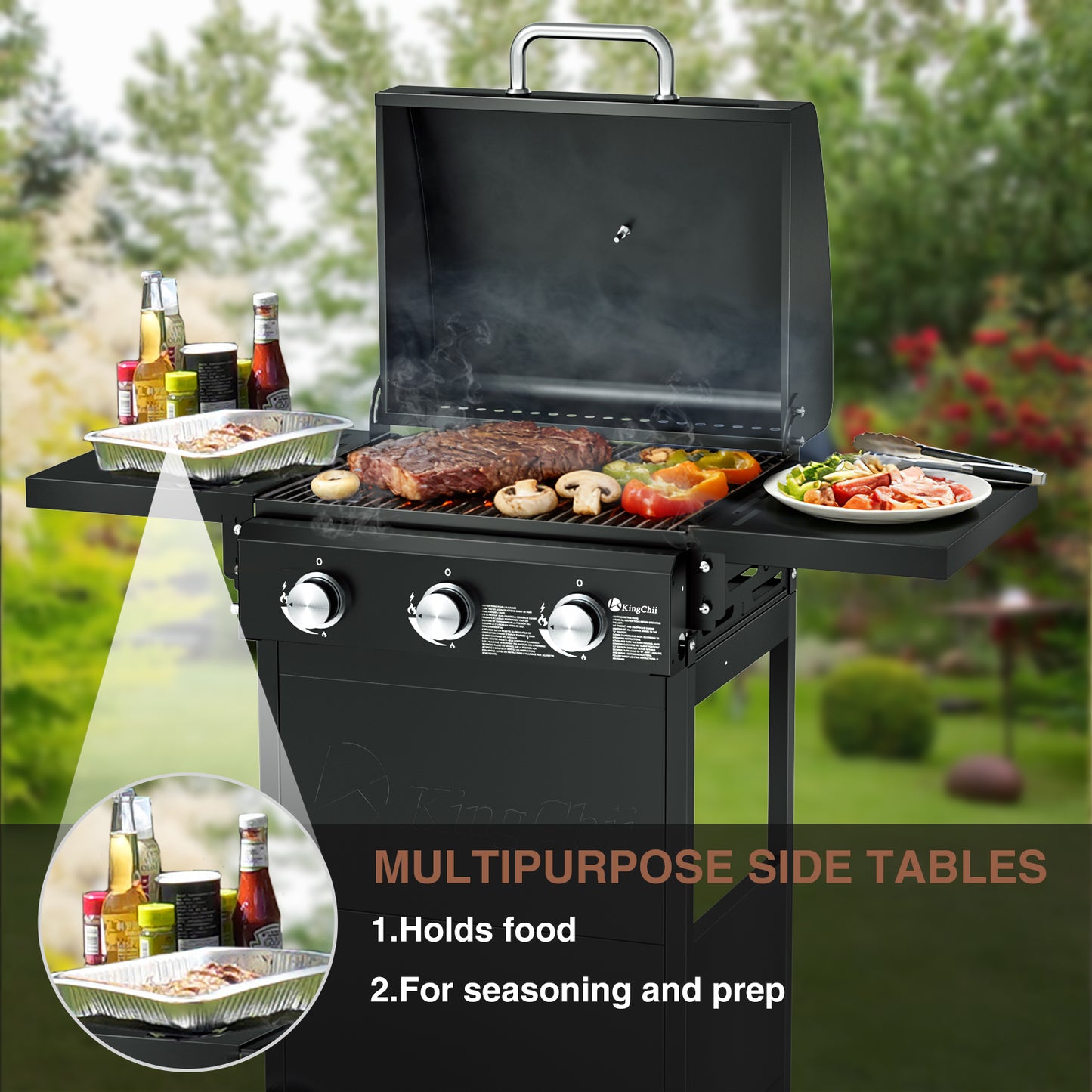 Kingchii 3-Burner Propane Grill, 28,500 BTU BTUs Gas Grill with Foldable Side Tables, Built-in Thermometer for Outdoor Grilling, BBQs and Camping