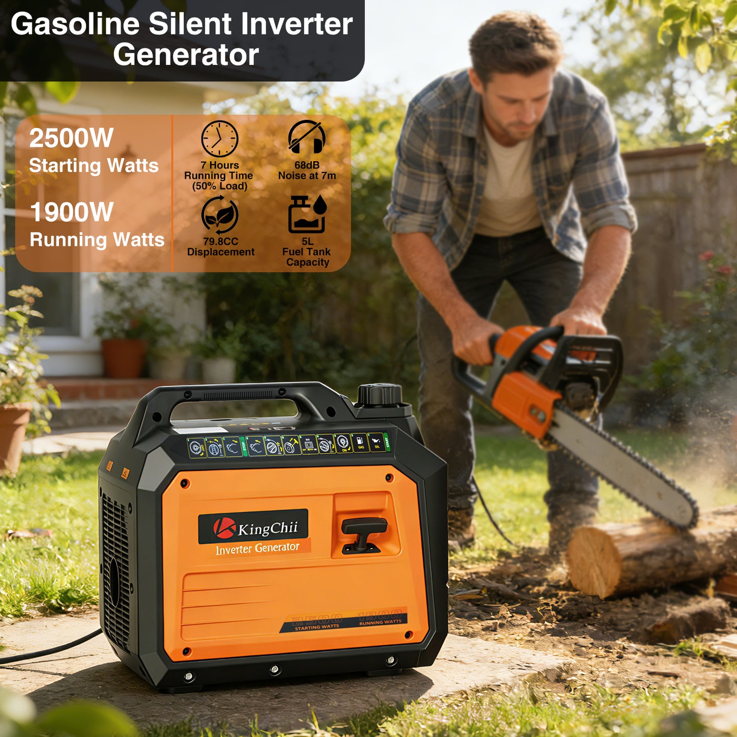 KingChii 2500W Portable Inverter Generator, Quiet Gas Powered Generator for Camping, RV, Tailgating & Home Backup, Parallel Capable, EPA Compliant