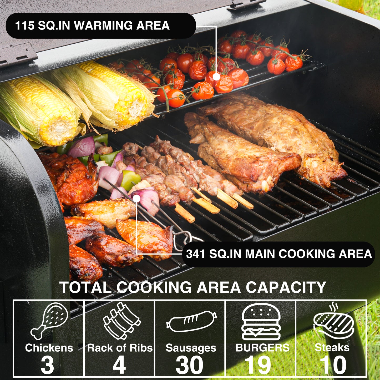 KingChii Pellet Grill Smoker with Side Shelf, 456 SQ. IN Wood Pellet Grill with 180–420°F PID Temperature Control for Outdoor Cooking, BBQ, Camping and Patio, Brown