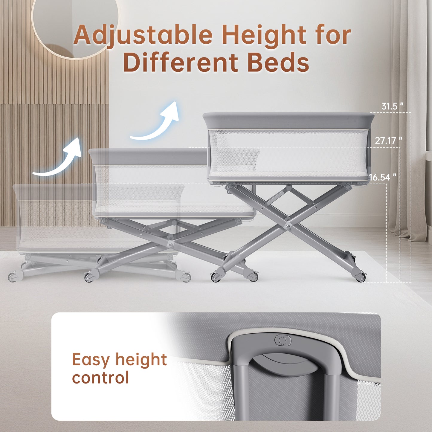 Vipsafe Baby Bassinet, Adjustable Bedside Sleeper for 0-6 Months Baby, Breathable Mesh with Wheels, Gray