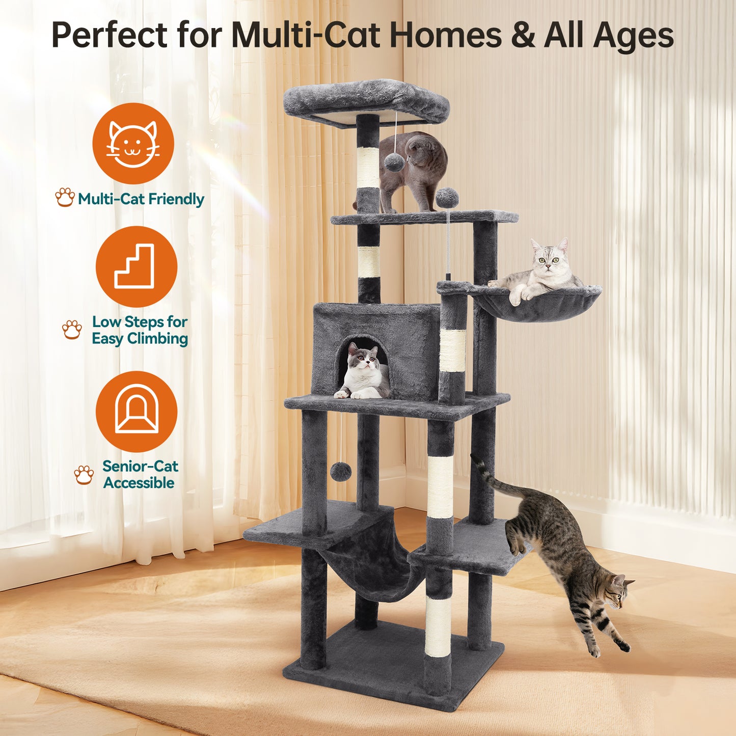 Vipsafe 63.8 in Cat Tree Tower with 6 Tiers, Scratch Posts, Toys, Perfect for Active Cats, Dark Gray
