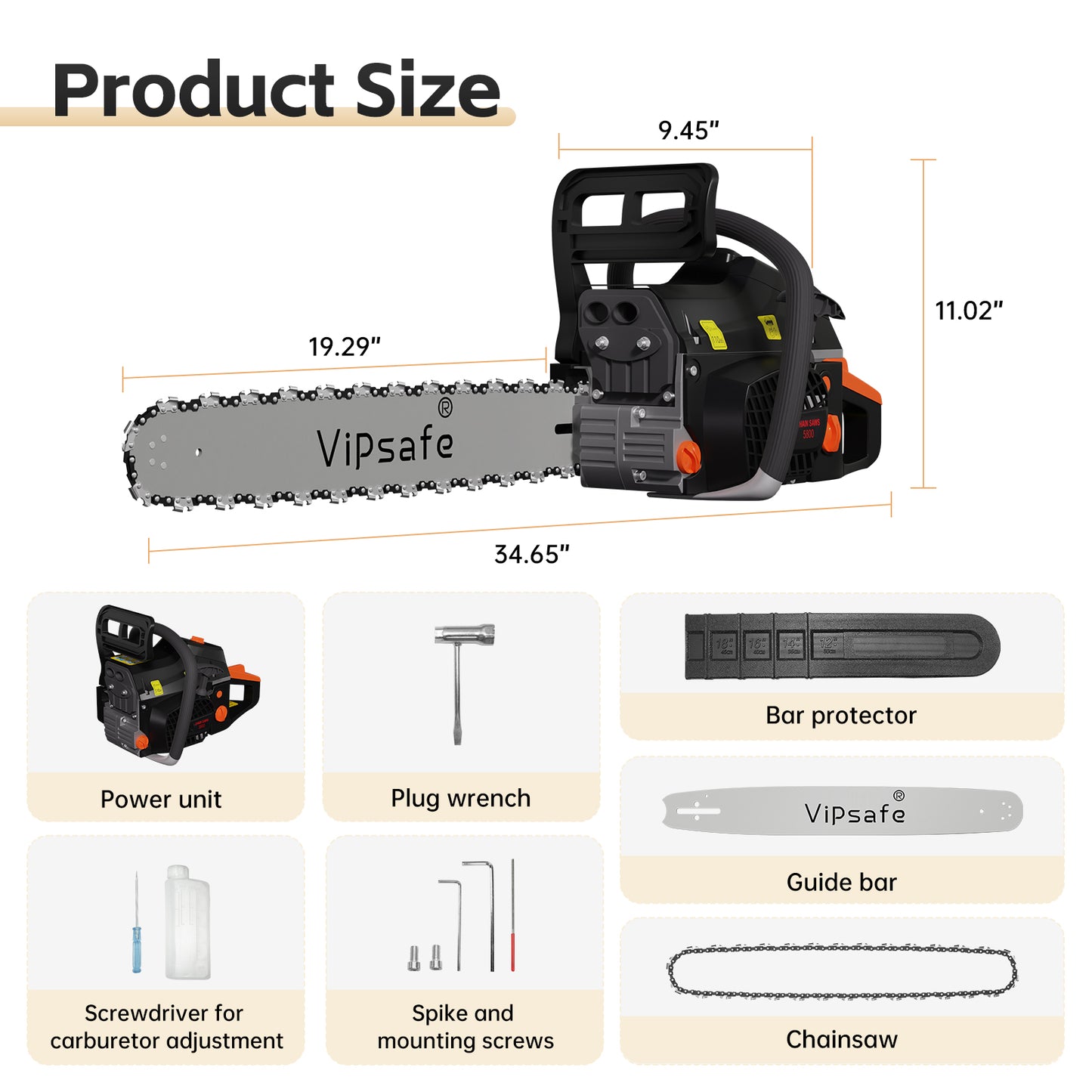 Vipsafe 58cc Gas Chainsaw 20-Inch Bar, 2-Cycle Engine, Anti-Vibration, Chain Brake, for Tree Cutting & Wood Trimming
