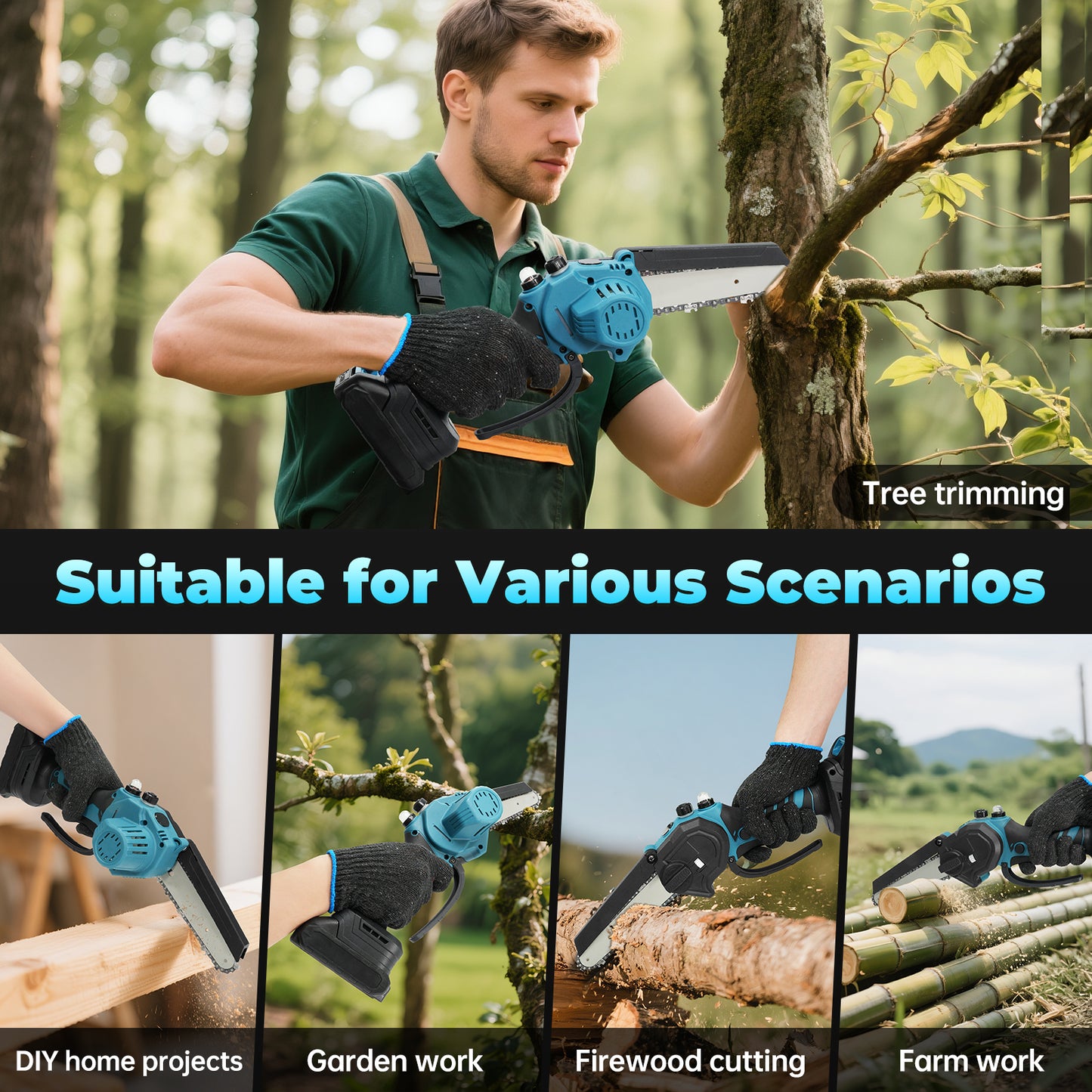 Vipsafe 6 inch Mini Chainsaw Cordless with 2 Batteries 2 Chain, Electric Chainsaw for Cutting Gardening, Wood Cutting & DIY, Blue