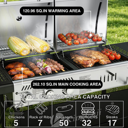 KingChii 3-Burner Gas and Charcoal Grill Combo with 22,500 BTU, Dual Fuel BBQ Smoker for Outdoor Patio Cooking Barbecue