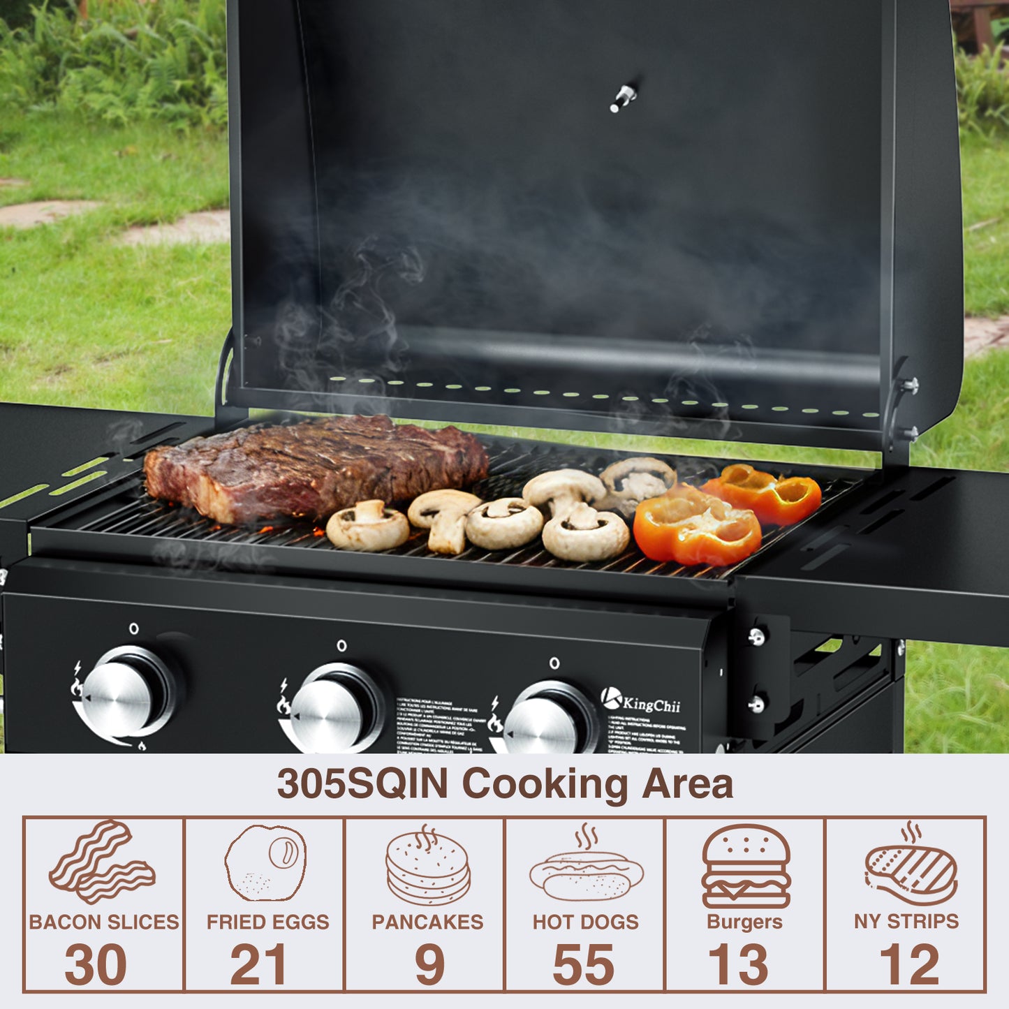 Kingchii 3-Burner Propane Grill, 28,500 BTU BTUs Gas Grill with Foldable Side Tables, Built-in Thermometer for Outdoor Grilling, BBQs and Camping