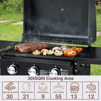 Kingchii 3-Burner Propane Grill, 28,500 BTU BTUs Gas Grill with Foldable Side Tables, Built-in Thermometer for Outdoor Grilling, BBQs and Camping