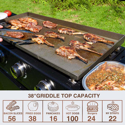 KingChii 5-Burner 38" Propane Griddle with Hard Cover for Camping, Tailgating, BBQ, Parties, Backyard & Patio