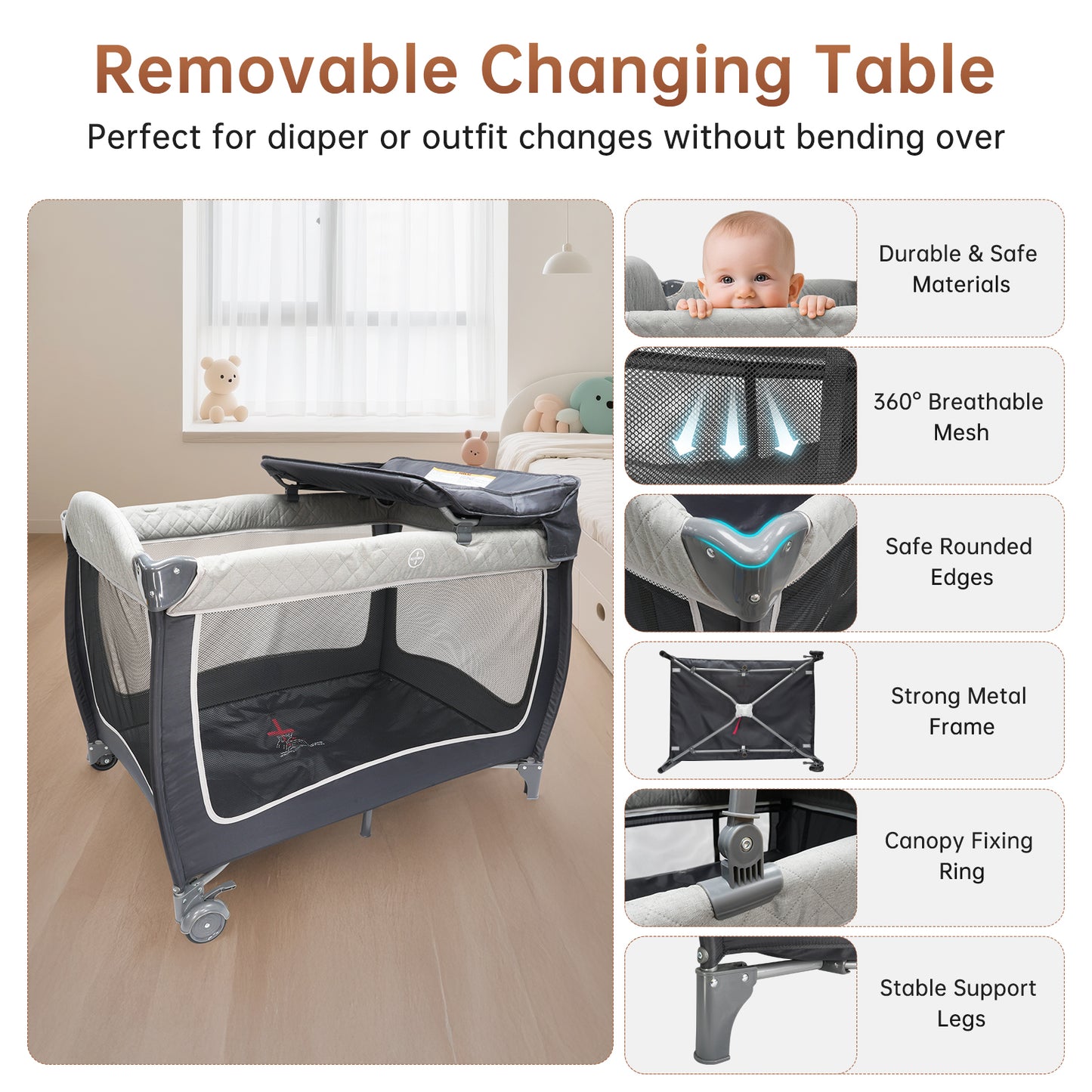 Vipsafe 5-in-1 Unisex Portable Baby Playard with Wheels Canopy Changing Table & Storage Bag, Grey