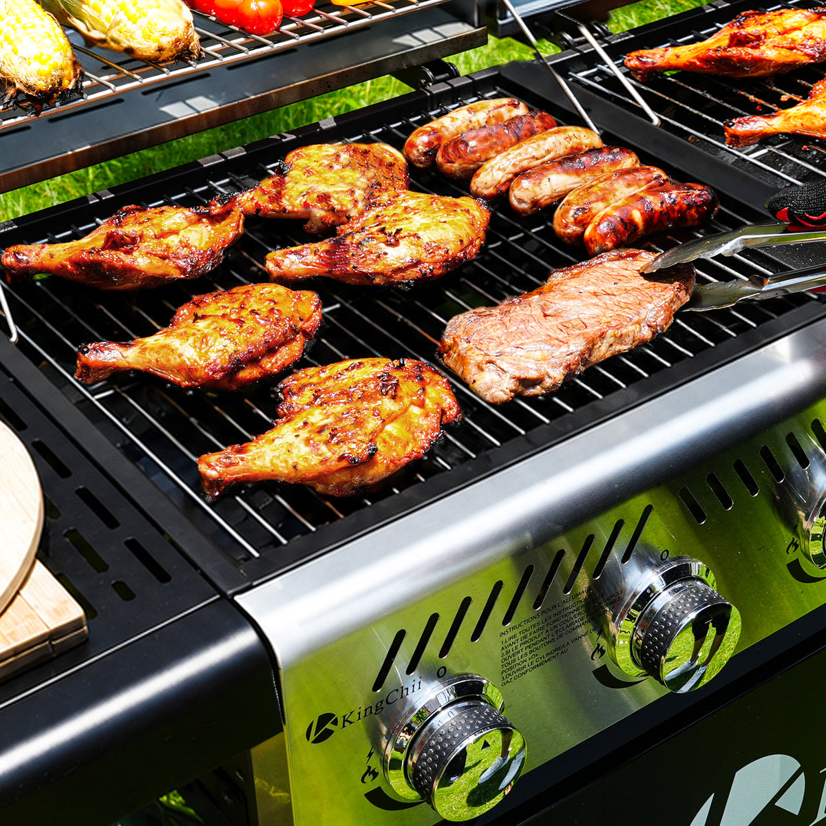 KingChii 3-Burner Gas and Charcoal Grill Combo with 22,500 BTU, Dual Fuel BBQ Smoker for Outdoor Patio Cooking Barbecue