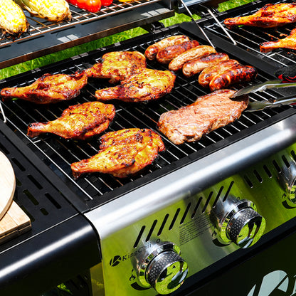 KingChii 3-Burner Gas and Charcoal Grill Combo with 22,500 BTU, Dual Fuel BBQ Smoker for Outdoor Patio Cooking Barbecue