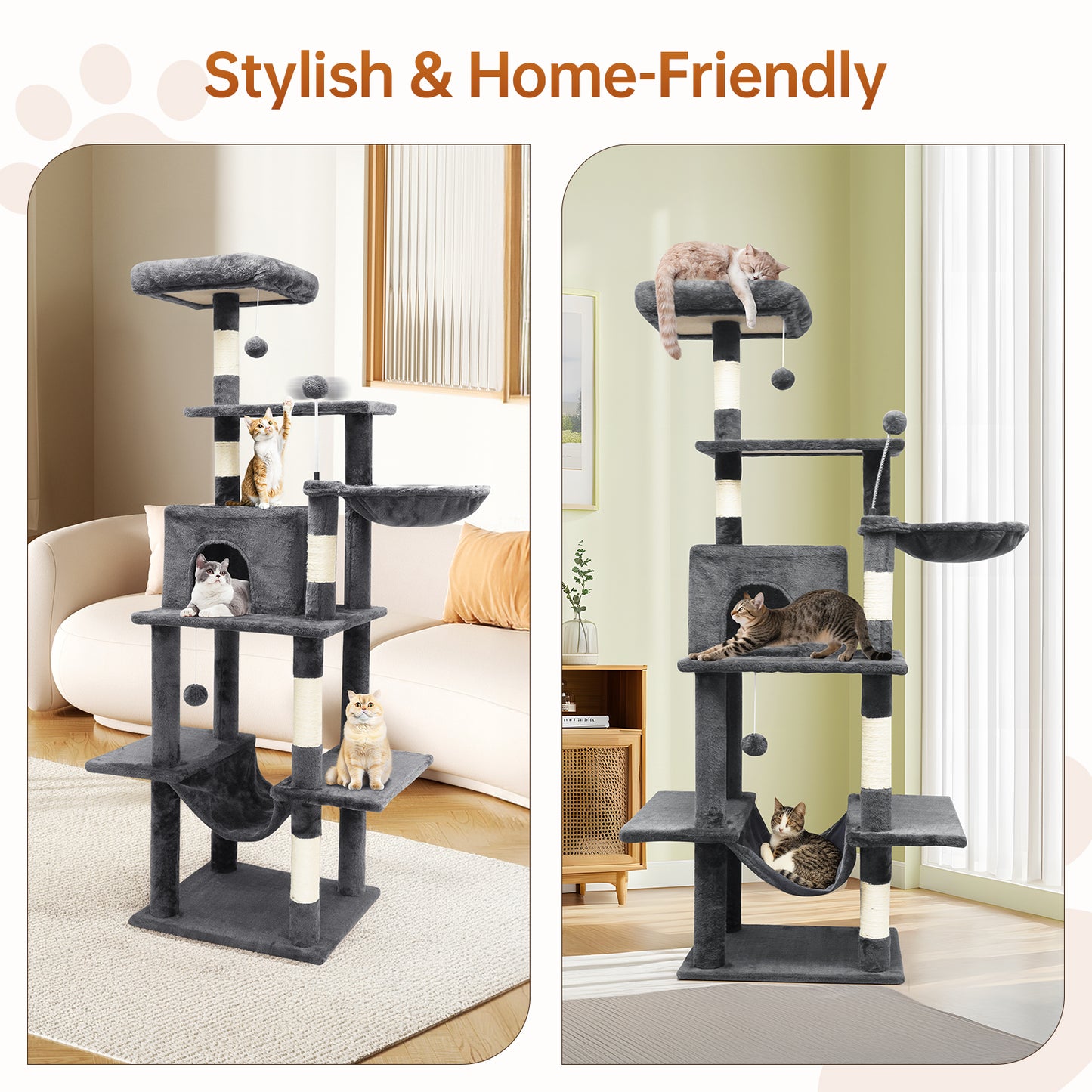 Vipsafe 63.8 in Cat Tree Tower with 6 Tiers, Scratch Posts, Toys, Perfect for Active Cats, Dark Gray