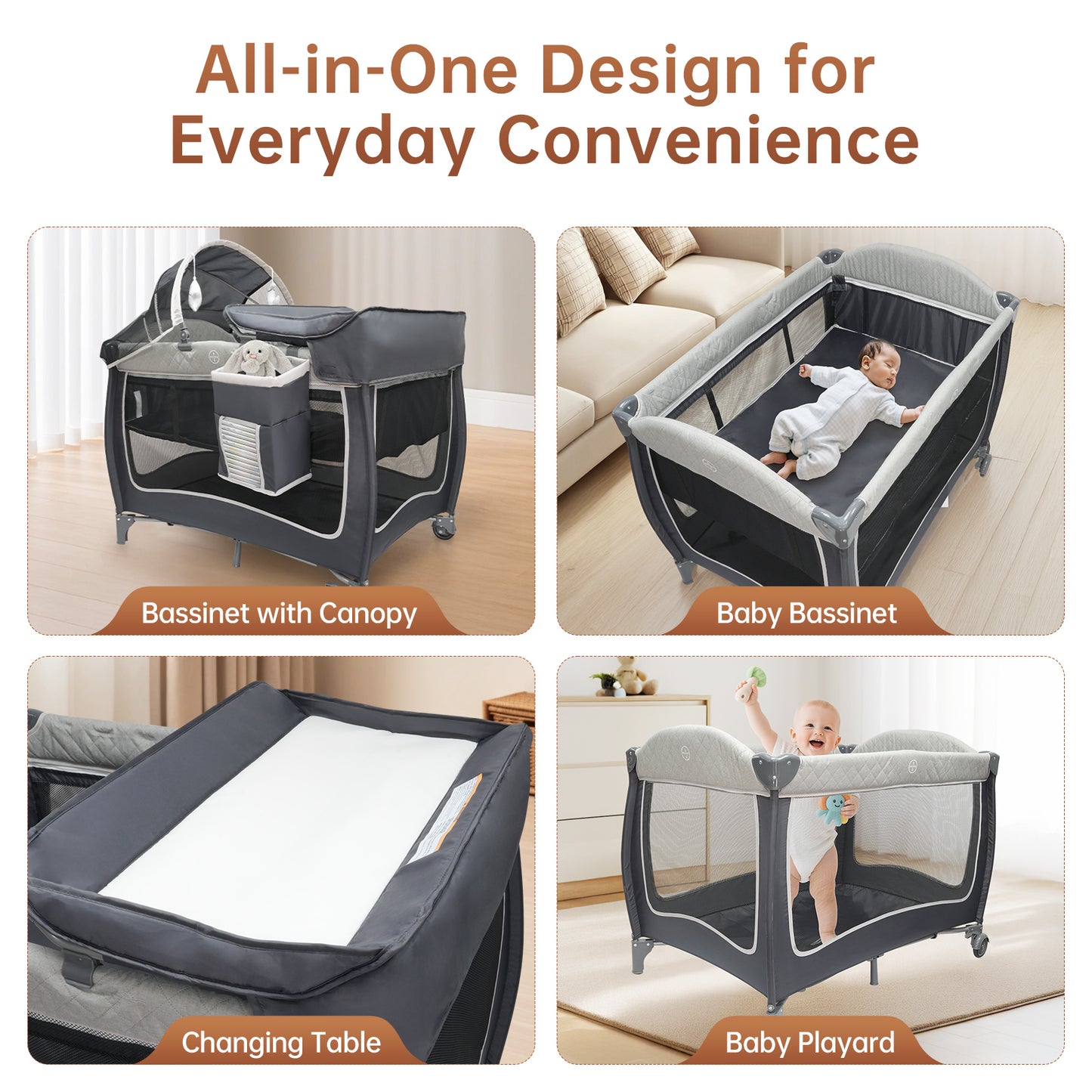 Vipsafe 5-in-1 Unisex Portable Baby Playard with Wheels Canopy Changing Table & Storage Bag, Grey
