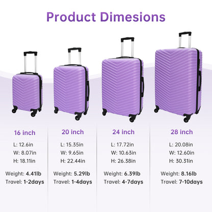 4 Piece Luggage Set Babyqueen Hardshell Spinner Suitcases with TSA Lock Lightweight ABS Travel Luggage Carry On 16" 20" & Checked 24" 28" Purple