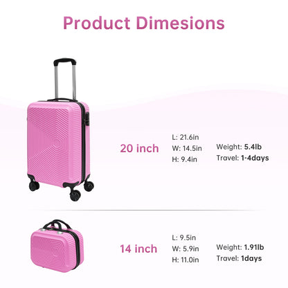 Babyqueen Luggage Sets 2 Piece Suitcase Set (14"/20") ABS Luggage with Spinner Wheels, Carry On Luggage Combination Lock Lightweight Trolley Case, Pink