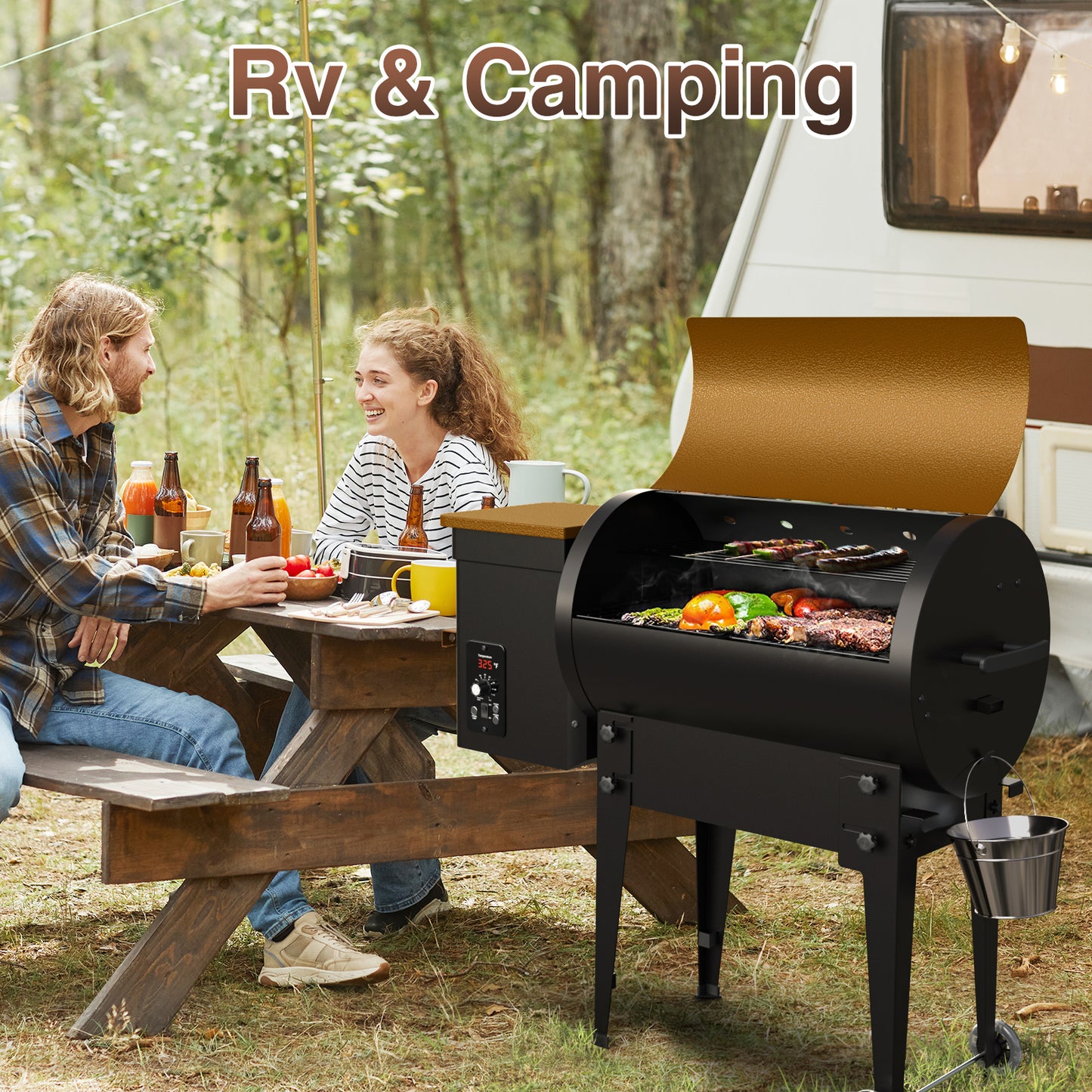 KingChii 456 sq. in Wood Pellet Smoker & Grill BBQ with Auto Temperature Control, Folding Legs for Outdoor Patio RV, Yellow-brown