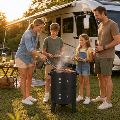 KingChii 3 in 1 Vertical Charcoal Smoker Grill BBQ Smoker for Outdoor, Patio Backyard Camping, Black