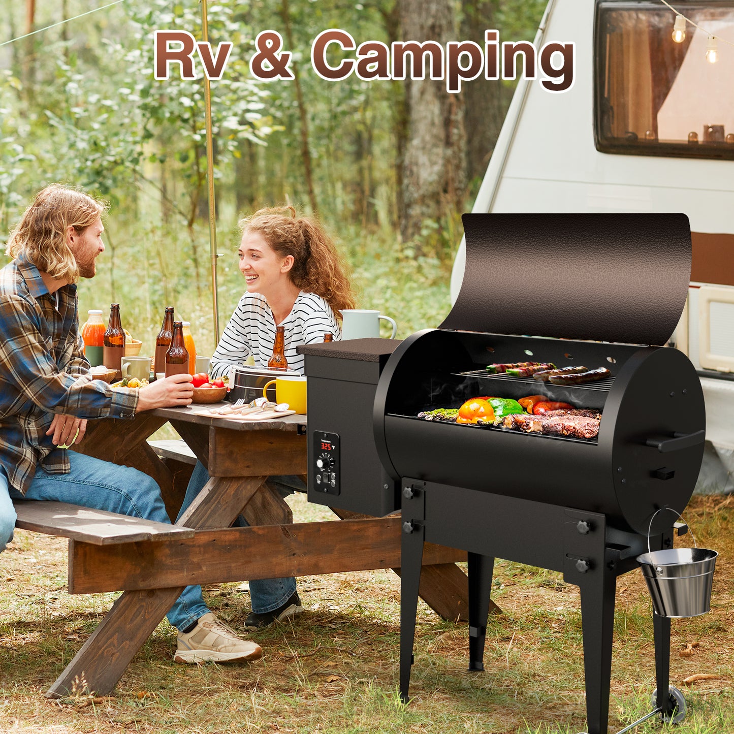 KingChii 456 sq. in Wood Pellet Smoker & Grill BBQ with Auto Temperature Control, Folding Legs for Outdoor Patio RV, Bronze