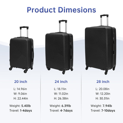 Babyqueen 3 Piece Luggage Set Hardside Suitcase with TSA Lock Spinner Wheels Lightweight Travel Luggage Carry-On 20" Checked 24" 28" Black