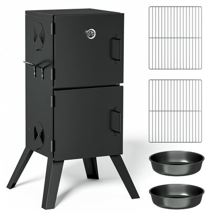 Kingchii Vertical Charcoal Smoker BBQ Grill with Built-in Thermometer, Portable Smoker for Backyard, Camping, Barbecue, and Outdoor Grilling