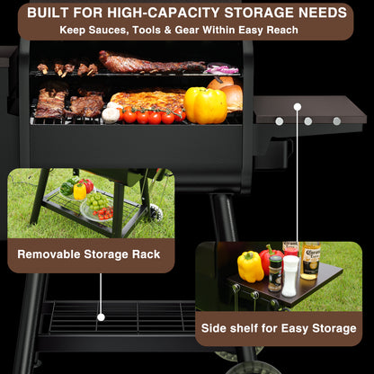 KingChii Pellet Grill Smoker with Side Shelf, 456 SQ. IN Wood Pellet Grill with 180–420°F PID Temperature Control for Outdoor Cooking, BBQ, Camping and Patio, Brown